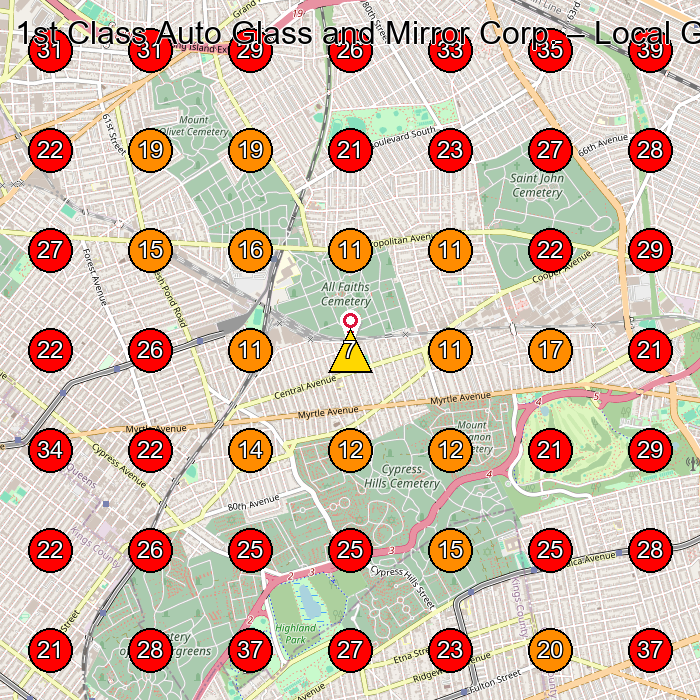 1st Class Auto Glass and Mirror Corp. GeoGrid visibility map for Auto Glass Shop in Queens